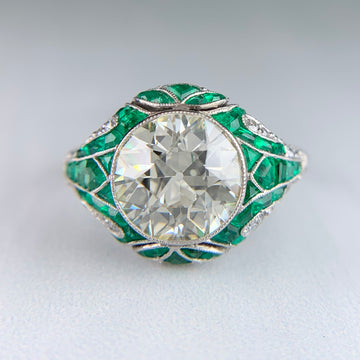 Old European Diamond and Emerald Engagement Ring Platinum