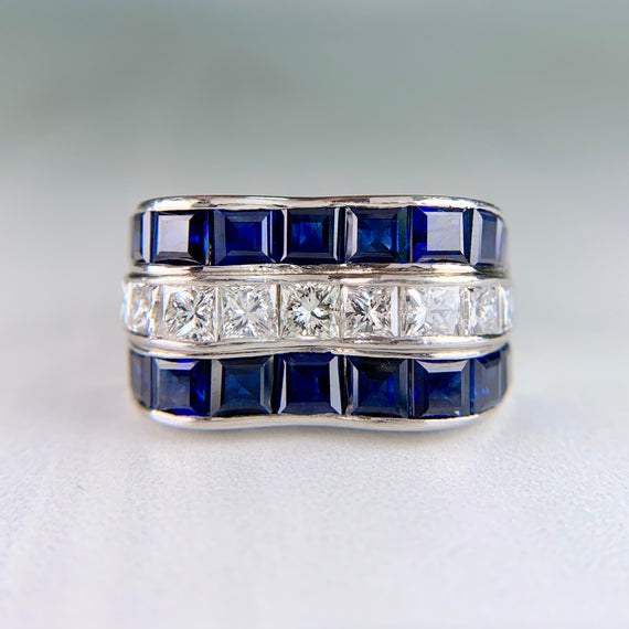 Vintage Princess Cut Sapphire and Diamond Ring Platinum