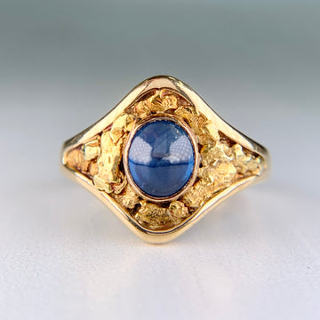 Antique Circa 1890's Sapphire Cabochon Gold Nugget Ring 14k Yellow Gold
