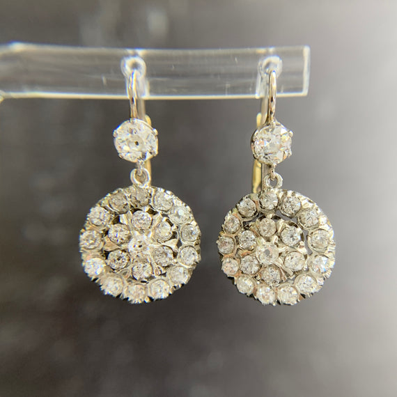 Vintage Old Mine Cut Diamond Drop Earrings Silver/Gold