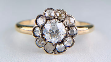 Antique Old Cut Diamond Cluster Flower Ring Silver/14k Yellow Gold