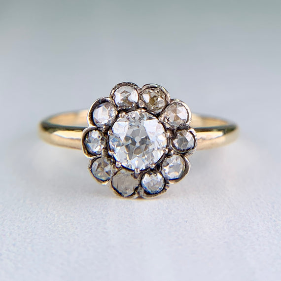 Antique Old Cut Diamond Cluster Flower Ring Silver/14k Yellow Gold