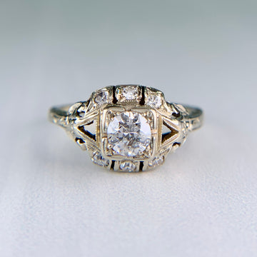 Antique 1930's Art Deco Old European Cut Diamond Engagement Ring 14k White Gold