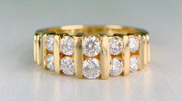 Vintage 1970's Two Row Diamond Band Ring 14k Yellow Gold