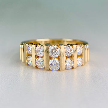 Vintage 1970's Two Row Diamond Band Ring 14k Yellow Gold