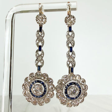 1930's Art Deco Old Euro Diamond and Sapphire Earrings 18k/Platinum
