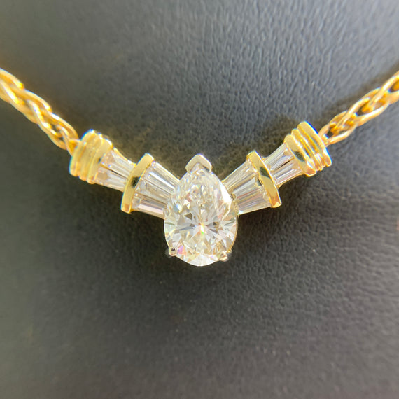 Diamond Pear and Baguette Necklace 14k Yellow Gold