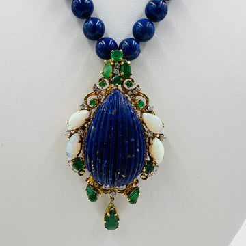 Lapis Emerald Opal Diamond Yellow Gold Pendant Necklace Circa 1970s