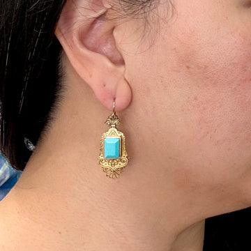 Antique 1860's Victorian Turquoise Drop Earrings 14k Yellow Gold - Jacob's Diamond and Estate Jewelry