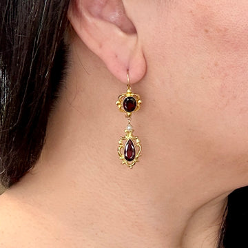 Vintage Garnet Pearl Drop Earrings 14k Yellow Gold - Jacob's Diamond and Estate Jewelry