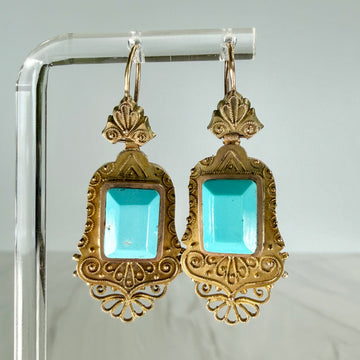 Antique 1860's Victorian Turquoise Drop Earrings 14k Yellow Gold - Jacob's Diamond and Estate Jewelry