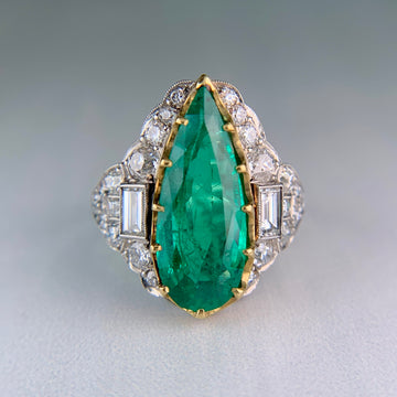 Estate Columbian Emerald and Old Cut Diamond Ring Platinum/18k Yellow Gold