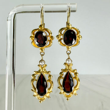 Vintage Garnet Pearl Drop Earrings 14k Yellow Gold - Jacob's Diamond and Estate Jewelry