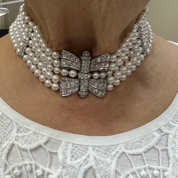 Art Deco Pearl Diamond Platinum Choker Collar Necklace