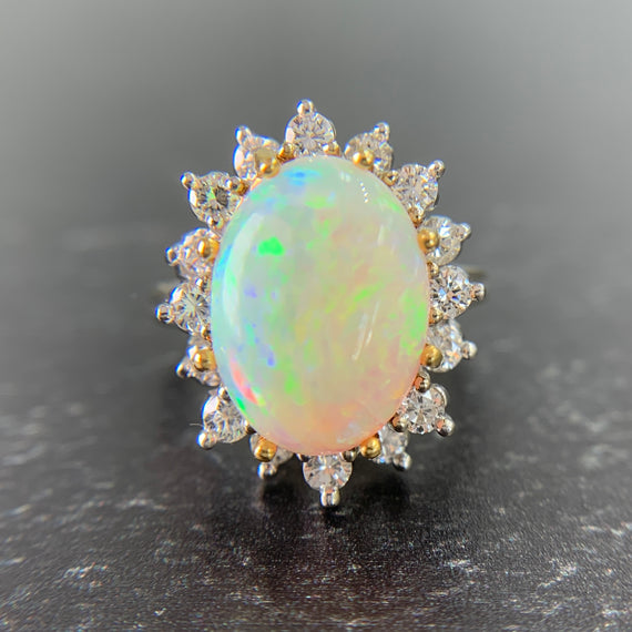 Vintage 1970's Opal and Diamond Halo Ring 14k Gold