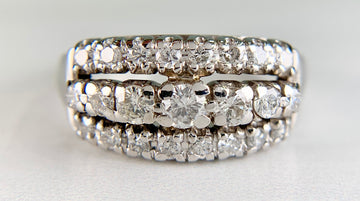 Vintage 1950's 3 Row Diamond Band Ring 14k White Gold