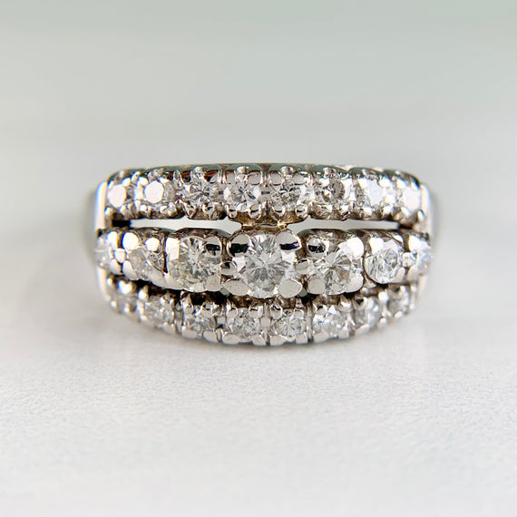 Vintage 1950's 3 Row Diamond Band Ring 14k White Gold