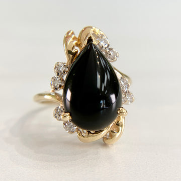 1990's Pear Onyx and Diamond Ring 14k Gold