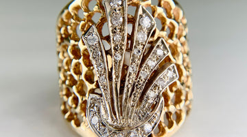 1980's Wide Diamond Statement Band Ring 14k Gold