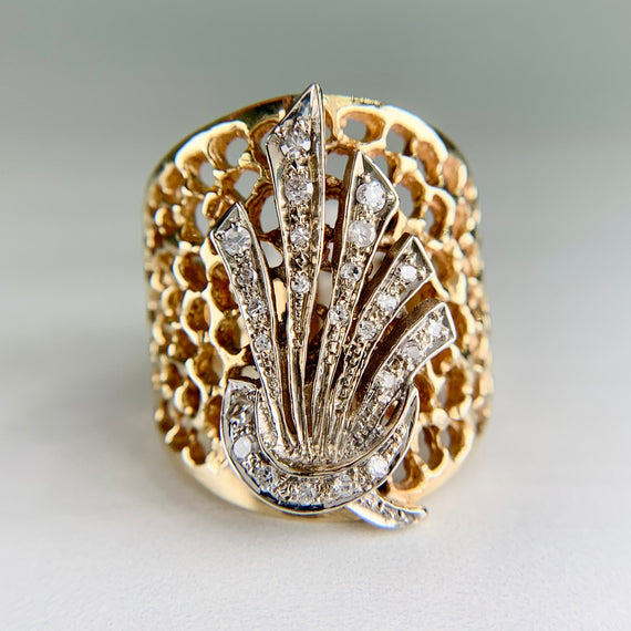 1980's Wide Diamond Statement Band Ring 14k Gold