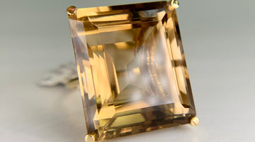 1950's Large Emerald Cut Smokey Quartz Statement Ring 18k Yellow Gold