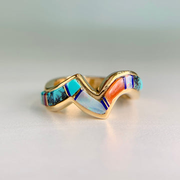 Navajo Zuni Inlaid Turquoise Coral and Opal Wavy Zigzag Band Ring 14k - Jacob's Diamond and Estate Jewelry