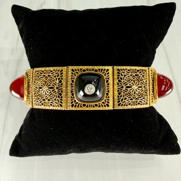 1920's Art Deco Carnelian and Onyx Filigree Bracelet 14k Yellow Gold - Jacob's Diamond and Estate Jewelry