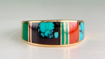 Native American Inlay Band Ring Turquoise Malachite Coral 14k Yellow Gold