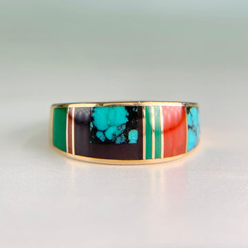Native American Inlay Band Ring Turquoise Malachite Coral 14k Yellow Gold - Jacob's Diamond and Estate Jewelry