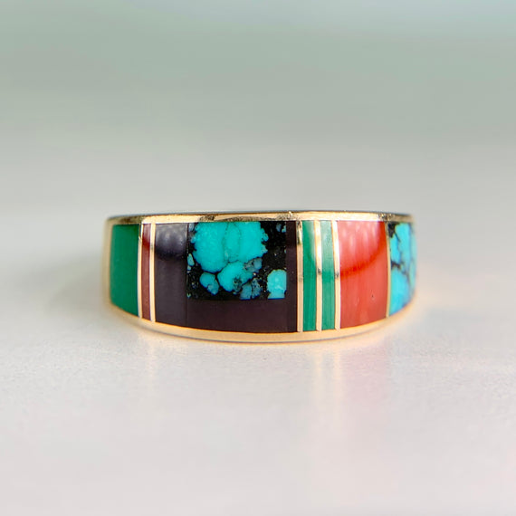 Native American Inlay Band Ring Turquoise Malachite Coral 14k Yellow Gold