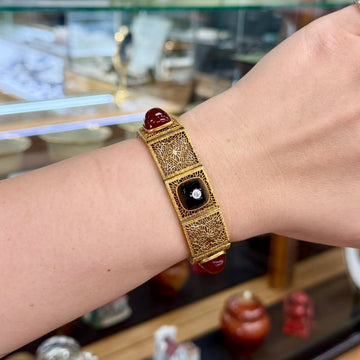 1920's Art Deco Carnelian and Onyx Filigree Bracelet 14k Yellow Gold - Jacob's Diamond and Estate Jewelry