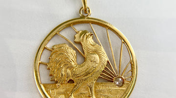 Antique Rooster at Sunrise Diamond Pendant 18k Yellow Gold