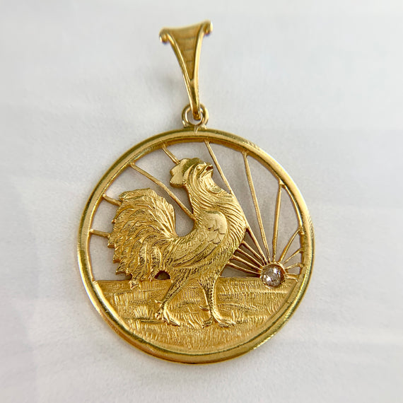 Antique Rooster at Sunrise Diamond Pendant 18k Yellow Gold