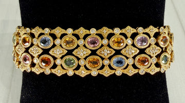 Multi-Color Sapphire and Diamond Statement Bracelet 18k Yellow Gold