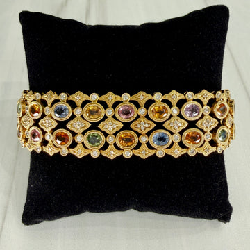 Multi-Color Sapphire and Diamond Statement Bracelet 18k Yellow Gold - Jacob's Diamond and Estate Jewelry
