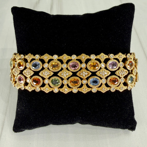 Multi-Color Sapphire and Diamond Statement Bracelet 18k Yellow Gold - Jacob's Diamond and Estate Jewelry