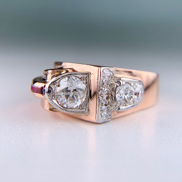 1940's Retro Old European Cut Diamond and Ruby Ring 14k Rose Gold - Jacob's Diamond and Estate Jewelry