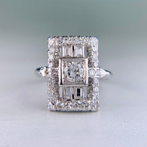 Art Deco Old Cut Diamond Panel Shield Ring Platinum - Jacob's Diamond and Estate Jewelry