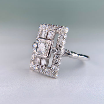 Art Deco Old Cut Diamond Panel Shield Ring Platinum - Jacob's Diamond and Estate Jewelry