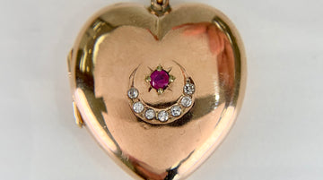Antique 1908 Ruby and Diamond Sun & Crescent Moon Heart Locket Pendant 9k Gold