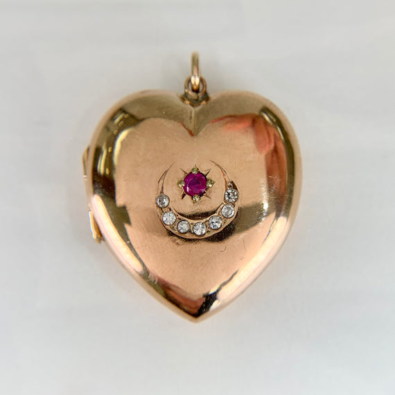 Antique 1908 Ruby and Diamond Sun & Crescent Moon Heart Locket Pendant 9k Gold - Jacob's Diamond and Estate Jewelry