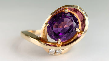 Vintage Amethyst and Diamond Modernist Bypass Swirl Ring 14k Yellow Gold