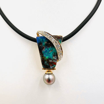 Boulder Black Opal Diamond Two Tone Gold Slide Pendant