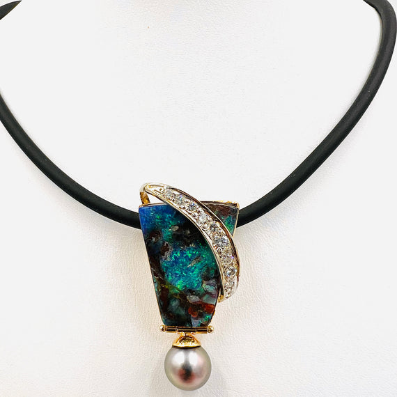 Boulder Black Opal Diamond Two Tone Gold Slide Pendant