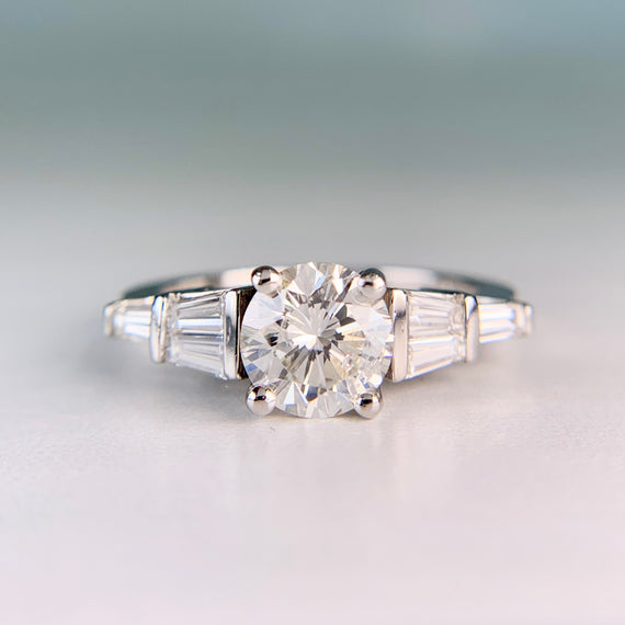 Round and Baguette Diamond Engagement Ring Platinum
