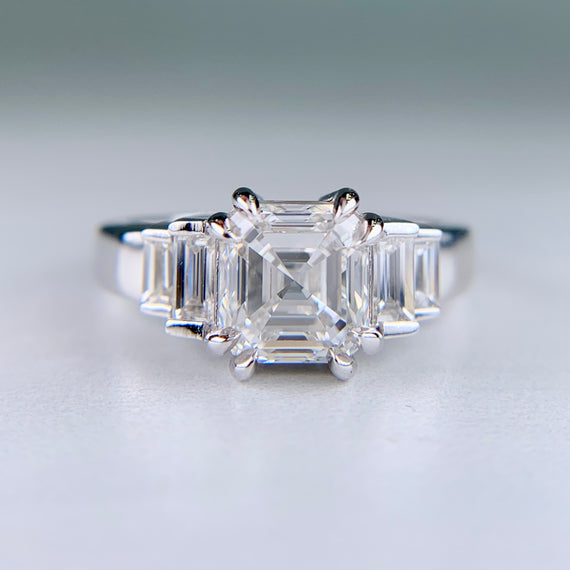 Square Emerald Cut and Baguette Diamond Engagement Ring Platinum