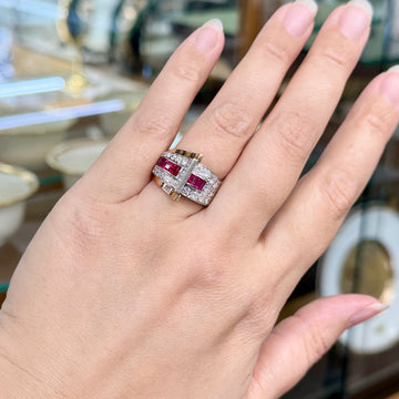 1935 Retro Ruby and Transitional Cut Diamond Two Tone Ring 18k/Plat - Jacob's Diamond and Estate Jewelry