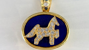 1990's Diamond Sapphire and Lapis Horse Pendant 18k/14k Yellow Gold