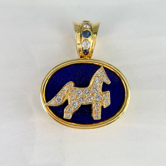 1990's Diamond Sapphire and Lapis Horse Pendant 18k/14k Yellow Gold