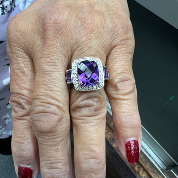 Amethyst And Diamond White Gold Ring Size 8.25